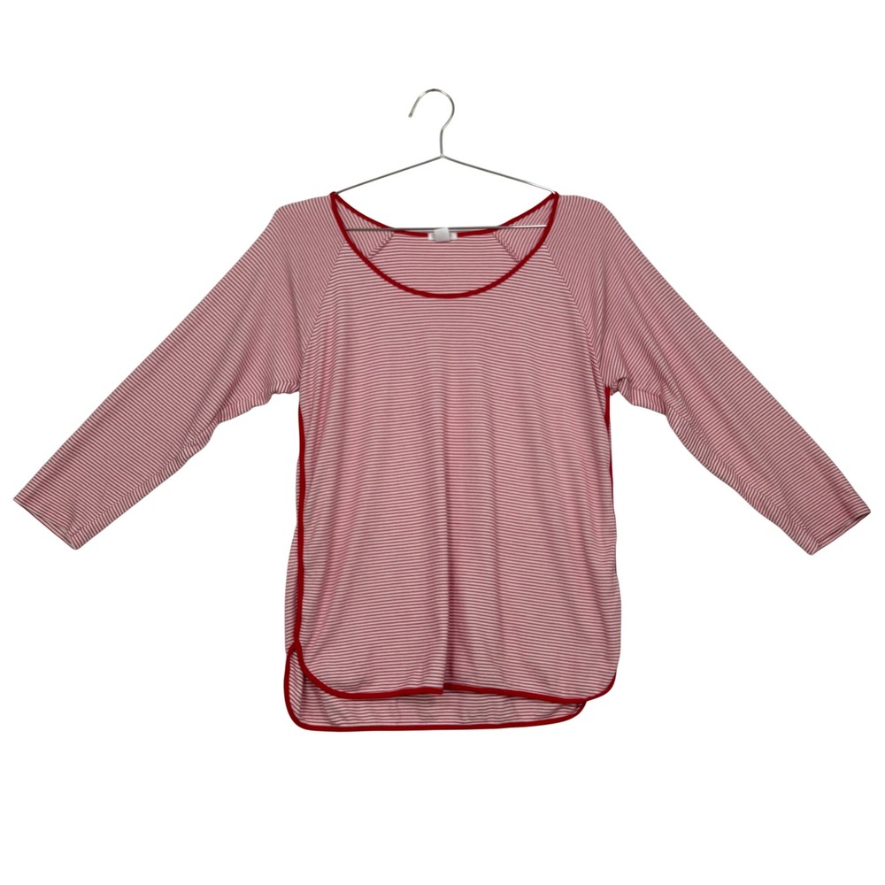 Lake Women Pajama Top XL Red White Striped Pima Cotton Long Sleeve Scoop Neck